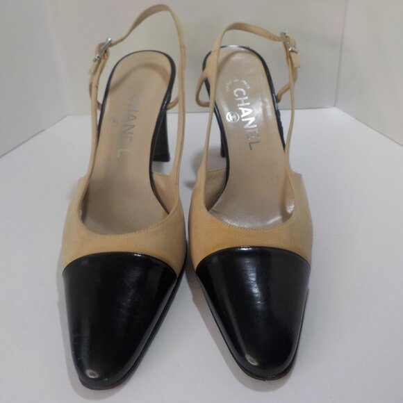 CHANEL, Vintage, Cream Textile & Black Leather cap, Sling back, 3.5" Med. Heel - Picture 9 of 9